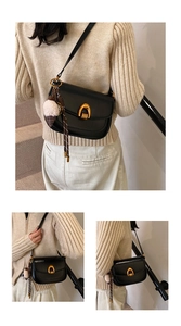 Detail der schwarzen Satteltasche aus Leder mit goldener Schnalle und Anhänger