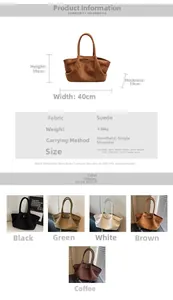 Tableau des tailles détaillé et comparaison de cinq couleurs de grands sacs en daim
