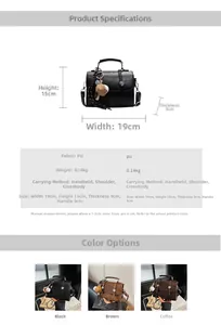 Detailed size chart of small PU leather satchel with dimensions 19x15x9cm in three colors