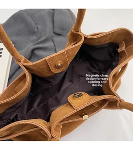 Détail de la fermeture magnétique d'un cabas en daim marron avec doublure