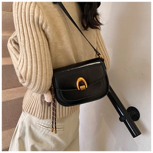 Detail einer schwarzen Vintage-Satteltasche aus Leder mit goldener Hufeisenschnalle