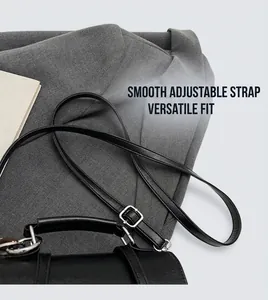 Close-up of adjustable leather shoulder strap and silver metal buckle on a black handbag