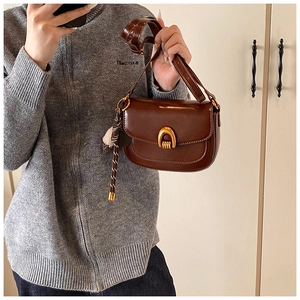 Detail der braunen Vintage Satteltasche mit goldener Hufeisenschnalle und gewebtem Ornament
