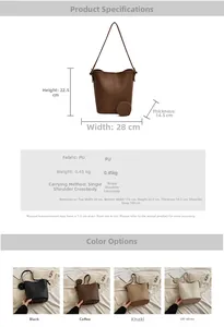 Tableau des tailles détaillé et spécifications du sac seau rétro avec dimensions et matériau
