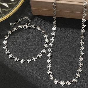 Ensemble bijoux en acier inoxydable avec maillons cœurs et motifs rayons gravés