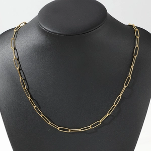 Gros plan d'un collier chaîne trombone doré sur un présentoir buste de mannequin noir