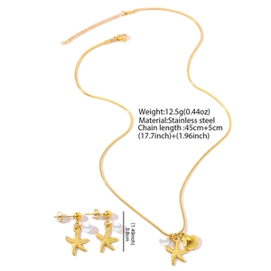 Detail view of gold stainless steel starfish jewelry set with size measurements