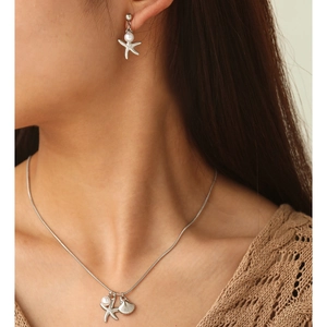 Starfish Shell Artificial Pearl Necklace And Earrings Stainless Steel Marine Ocean Style Vacation Accessories For Women Elegant