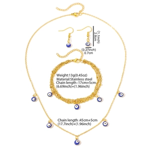 Detail view of evil eye jewelry set in gold stainless steel with precise dimensions