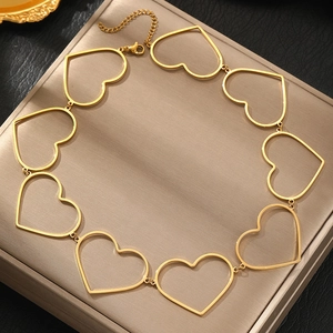 Gold hollow heart link necklace in polished stainless steel with lobster clasp