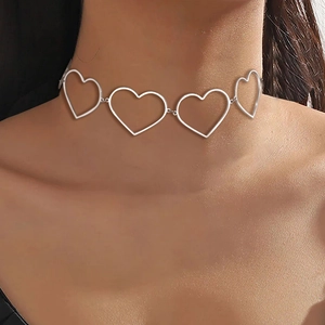 Close-up of minimalist silver heart choker necklace worn by a model for elegant neck detail