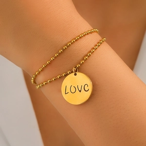Doppelschichtiges Kugelketten-Armband Edelstahl Runder Spiegelanhänger LOVE Gravur Verstellbarer Modeschmuck Damen