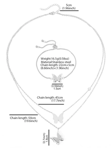 Detailed view of silver stainless steel double butterfly jewelry set with measurements