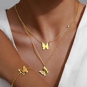 Stainless Steel Butterfly Necklace And Adjustable Bracelet Layered Frosted Elegant Sweet Jewelry For Women