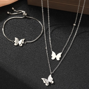 Double-layer stainless steel butterfly necklace and bracelet jewelry set for women