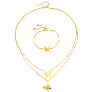 Double-layered stainless steel butterfly necklace and adjustable bracelet jewelry set