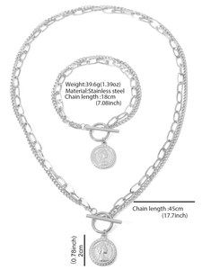 Detail view of stainless steel coin necklace and bracelet set with toggle clasp