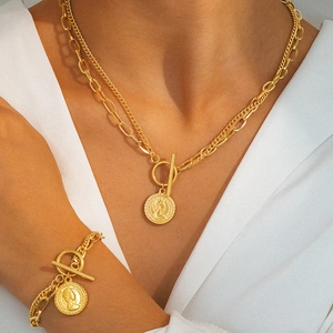 Vintage Stainless Steel Necklace Bracelet Jewelry Set Double Layered Chain Toggle Clasp Round Coin Pendant Hip Hop Style