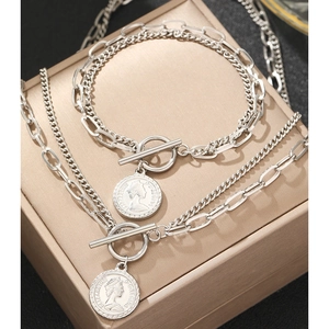 Silver stainless steel double chain set with coin pendant and OT buckle design