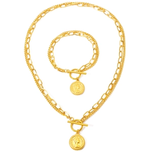 Golden double layer necklace and bracelet set with Elizabeth II coin pendant and toggle clasp