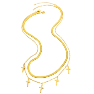 Collier double rang en acier inoxydable doré avec chaîne serpent et pendentifs croix