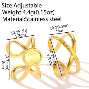 Detailed size chart showing 18K gold plated stainless steel adjustable rings and dimensions