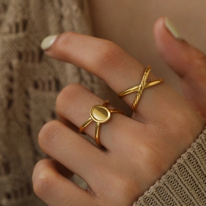 Adjustable Open Rings Stainless Steel 18K Gold Plated Geometric Cross X Rope Texture Minimalist Fashion For Women