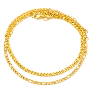 Double-layer bohemian gold anklet set with curb and figaro chains for women