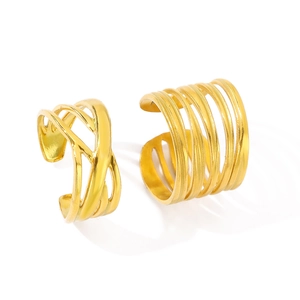Polished gold multi-layer crisscross and parallel line open rings set in stainless steel