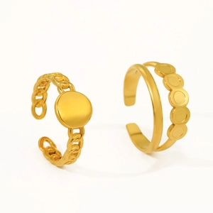 Double-layered 18K gold plated hollow circular open rings in stainless steel for women