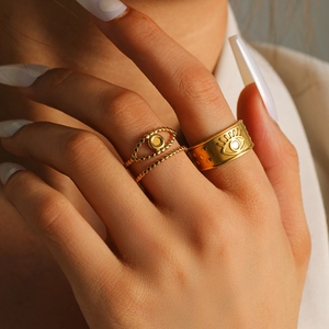 Bague Ouverte Œil Maléfique Et Bague Perlée Vintage Acier Inoxydable Ajustable Bijoux Boho Femme Mode