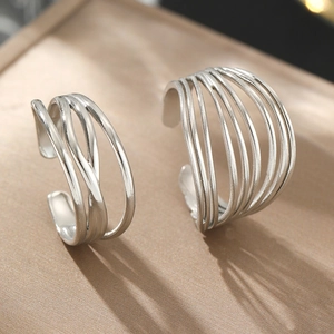Polished minimalist stainless steel open rings with layered cross and parallel lines