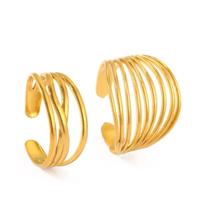 Minimalist gold plated layered line open rings with wavy and parallel metal band design
