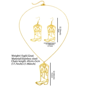 Macro shot of gold stainless steel cowboy boot earrings and necklace set dimensions