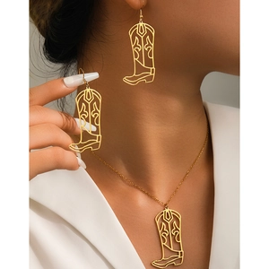 Stainless Steel Western Cowboy Boots Dangle Earrings And Pendant Necklace American Vintage Hollow Out Jewelry