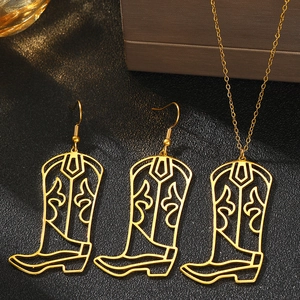 Golden stainless steel western cowboy boot necklace and earrings jewelry set for women