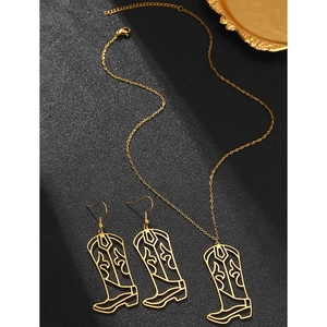Golden stainless steel western cowboy boot necklace and earrings jewelry set for women