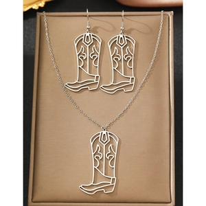 Stainless steel western cowboy boot necklace and earrings jewelry set with hollow detail