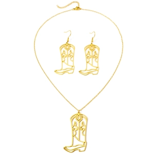 Golden stainless steel western cowboy boot necklace and earrings jewelry set for women