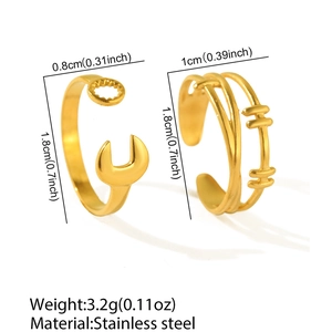 Detailed dimensions of golden stainless steel wrench and gear style rings with measurements