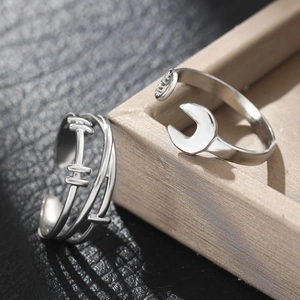 Macro shot of silver stainless steel wrench and multi-layer mechanical open rings
