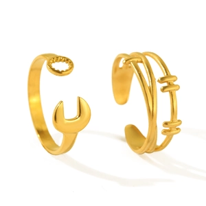 Industrial style gold adjustable open ring set with wrench and multi-layer barbell design