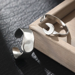 Minimalist silver irregular wave and wrench shaped stainless steel open rings set