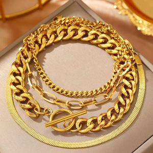 Multi-layer gold chain bracelet set with OT toggle clasp in polished stainless steel