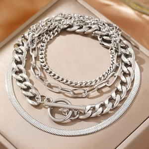 Multi-layer silver stainless steel chain bracelet set with OT buckle on champagne box