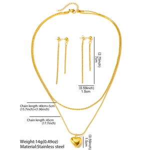 Dimensions détaillées du collier double rang cœur et boucles d'oreilles en acier inoxydable