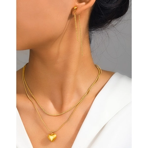 Ensemble De Bijoux En Acier Inoxydable Collier À Plusieurs Rangs Chaîne Serpent Pendentif Coeur Et Boucles D'oreilles Gland Mode Femmes