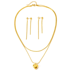 Ensemble collier double rang avec pendentif cœur et boucles d'oreilles longs glands