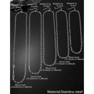 Detailed size chart showing lengths and weights of stainless steel link chains