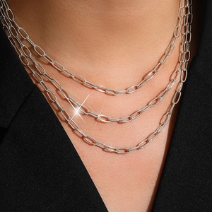 Detail view of triple-layered stainless steel paperclip chain necklace for women and men